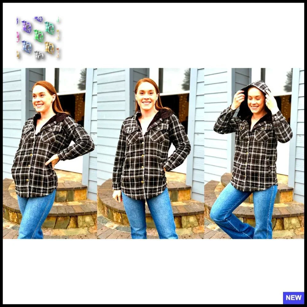 Plaid Sherpa Lined Shacket Jacket Oversized Fit Hooded Winter Warm Fleece - Picture 6 of 7